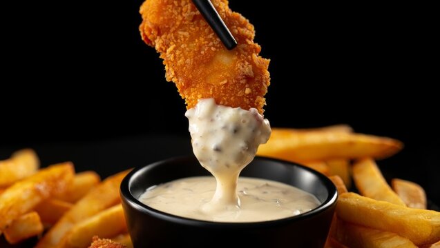 Close up of crispy chicken nugget dipping into creamy sauce with french fries
