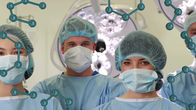 Surgical team standing, camera pulling back, molecular overlay drifting across faces before surgery
