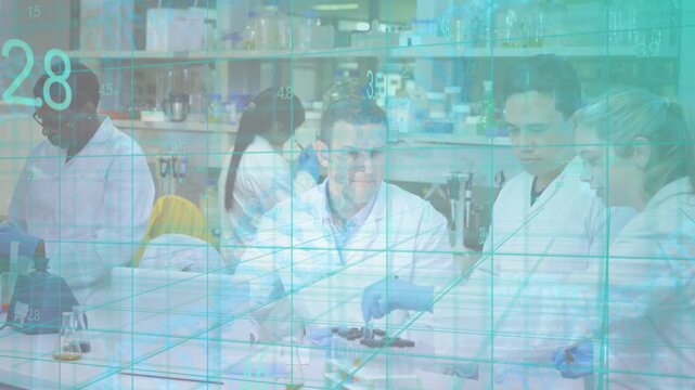 Teal grid sweeping lab initiating scientist inspecting sample tray while colleagues prepping tests