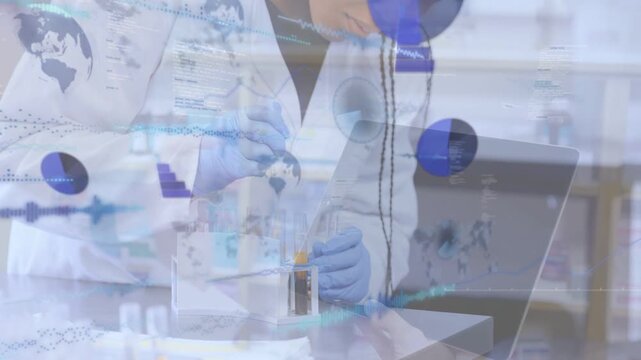 Lab tech placing device, adjusting cart, pipetting, checking laptop readout with overlay charts