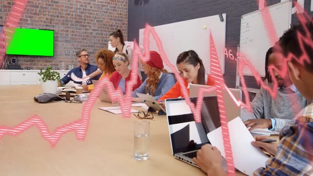Presenter walking to flipchart presenting to team in biz meeting while red waveform drifting across