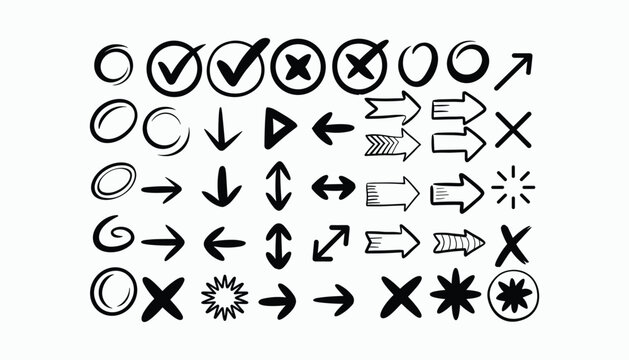 Black and white hand drawn checkmarks and arrows x marks vector illustration isolated on white background.