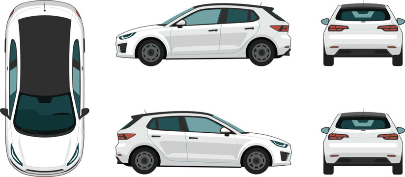 Modern White Hatchback Car Vector Template with Top Side and Rear View Orthographic Projections for Automotive Design Technical Drawings and Brand Branding Mockups