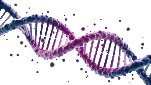 3D rendered DNA helix with purple and blue gradient, isolated on transparent background