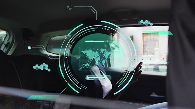 Woman sitting rear seat tapping smartphone activating teal HUD with world map chart for finance