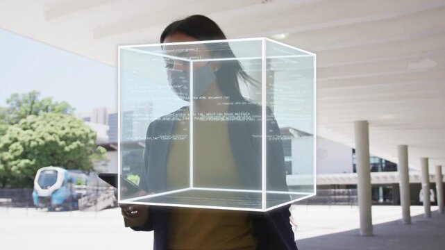 Woman walking path, casting hologram cube from phone, growing, rotating, showing code for tech demo