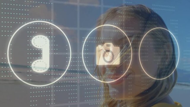 Woman turning toward camera and smiling on shoreline as phone UI sliding from left, showcasing tech