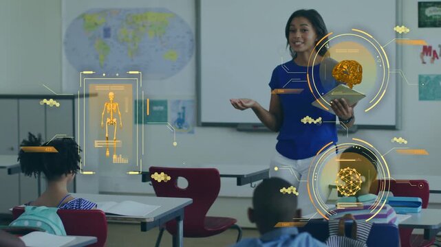 Teacher using model speaking and showing AR skeleton+brain for anatomy student raising hand nodding