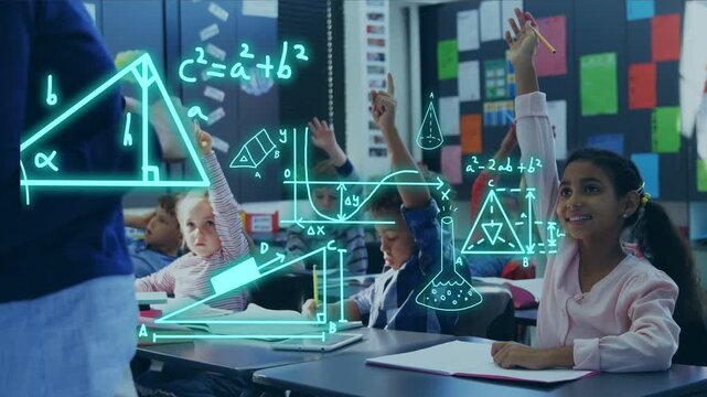 Teacher gesturing, math holograms and equations appearing, students raising hands, writing to learn