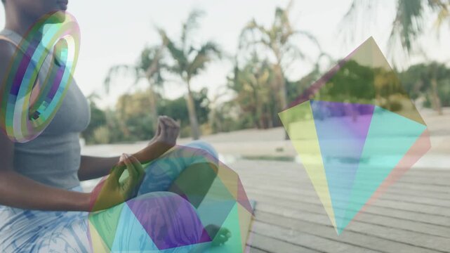 Woman sitting deck cam rolling forming mudra breathing while rings animating over chest for health