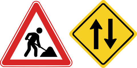 Road construction warning signs, men at work triangle symbol and two-way traffic diamond icon, yellow and red street safety vector set