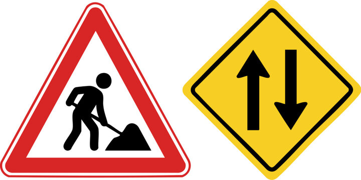 Road construction warning signs, men at work triangle symbol and two-way traffic diamond icon, yellow and red street safety vector set