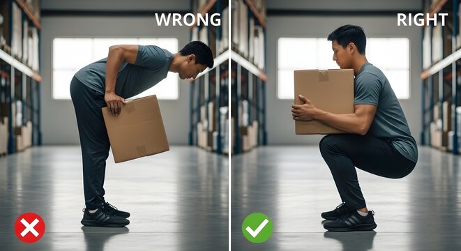 Wrong way to lift heavy box bending back versus right way squatting using legs for proper lifting technique.