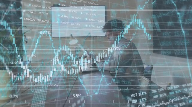 Stock charts scrolling, man at desk leaning, typing on laptop, analyzing candlesticks, reacting