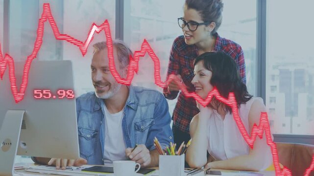 Man typing, team leaning, pointing at red chart with negative numbers over desk, analyzing finance