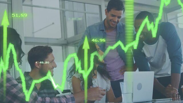 Business team of five leaning around laptop, animated green chart moving causing analysis of trends