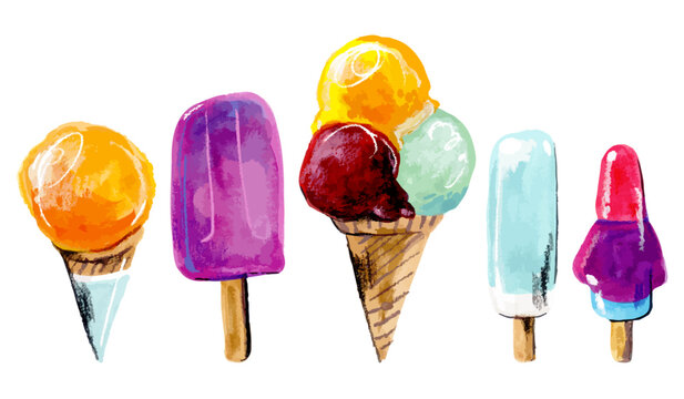Hand drawn watercolor ice cream vector collection, fresh summer popsicle and waffle cone illustration set, colorful frozen dessert elements isolated on white
