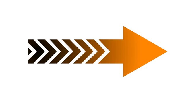Orange animated arrow with chevron tail, geometric motion graphic pointing right on a white background