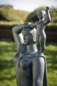 Monument to Gu&eth;r&iacute;&eth;ur &THORN;orbjarnard&oacute;ttir with son Snorri &THORN;orfinnsson, the first child of European descent born in America, Peat Farm or Peat Museum Glaumbaer or Glaumb&aelig;r, Skagafj&ouml;r&eth;ur, Nor&eth;urland vestra, Iceland