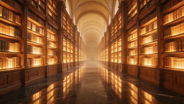 Long library corridor with bookshelves
