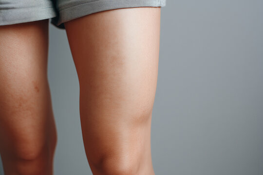 Young thigh close up skin texture in soft natural light showing uneven texture and small blemish, casual shorts