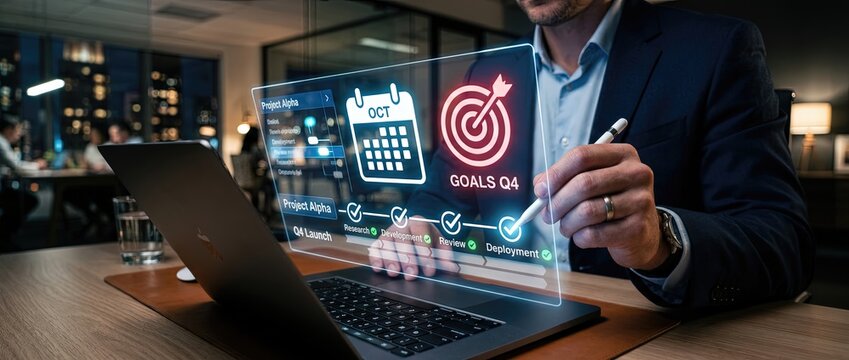 Strategic business planning session corporate office digital dashboard modern workspace close-up view productivity insights for q4 goals