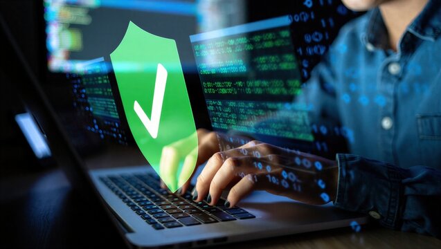 Cybersecurity protection concept with secure shield icon over laptop and source code. Data security, encryption, privacy protection and network defense for safe digital technology and IT systems.