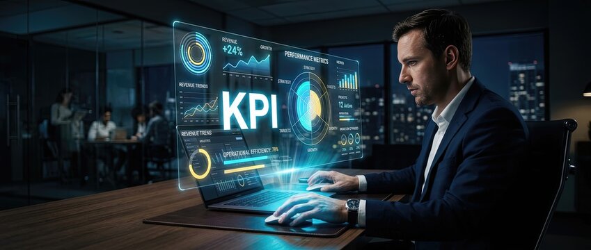 Analyzing key performance indicators for business growth corporate office digital presentation urban environment close-up view data-driven insights