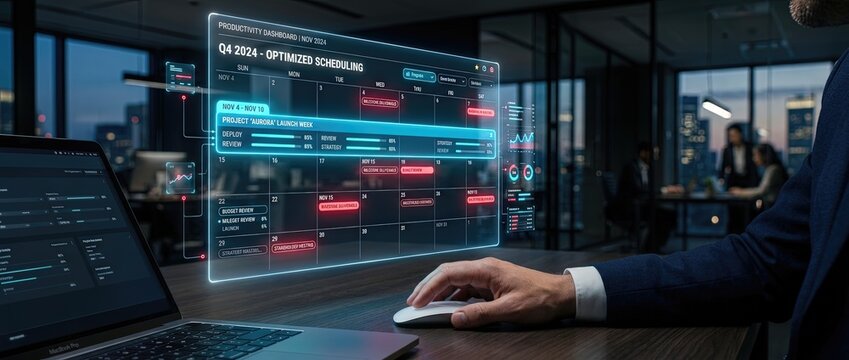 Optimized scheduling workflow for business in corporate office digital interface high-tech environment close-up viewpoint efficiency and productivity concept