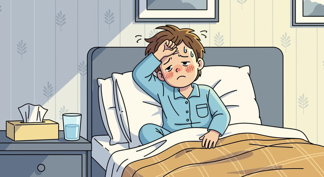 A Sick Child In Bed With A Worrying Expression Suffering From Fever, Feeling Ill