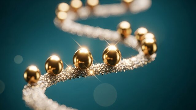 Close-up of a delicate jewelry chain with shiny gold beads and sparkling accents on a deep teal background for luxury fashion and jewelry accessories