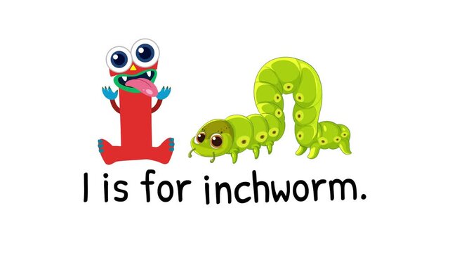 Animated alphabet letter i with cute monster and green inchworm crawling for preschool literacy education.