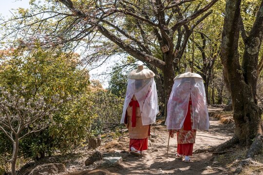 Two women in traditional Japanese clothes, kimono with hat and veil, Nachisan, Wakayama, Japan