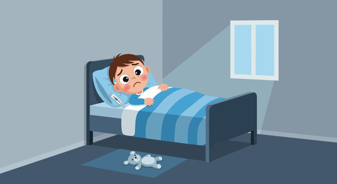 A Sick Child Lies in Bed in a Gloomy Bedroom with a High Temperature, Alone
