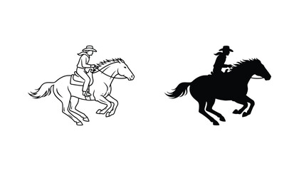 Fototapeta premium Cowboy riding horse icon in outline and solid black style for equestrian sports and western ranch logos