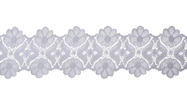 Delicate grey floral lace trim with intricate patterns, isolated on transparent background
