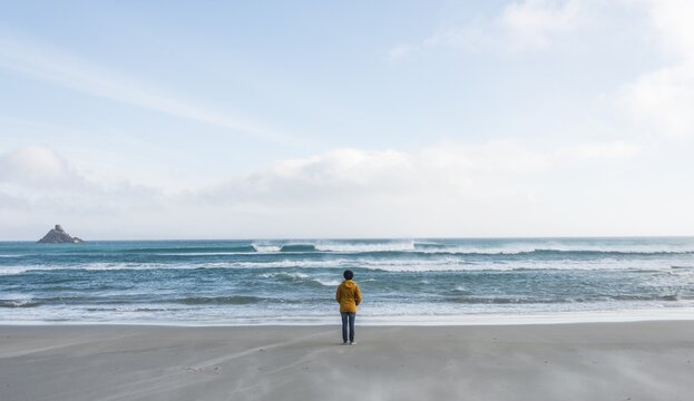 Lonely person standing by the sea, looking out into the distance, Sandfly Bay, Dunedin, Otago, South Island, New Zealand
