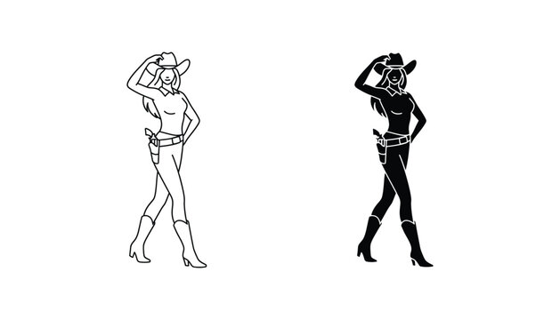 Cowgirl standing with hand on hat and pistol holstered at her side in minimalist line art and solid black silhouette vector design