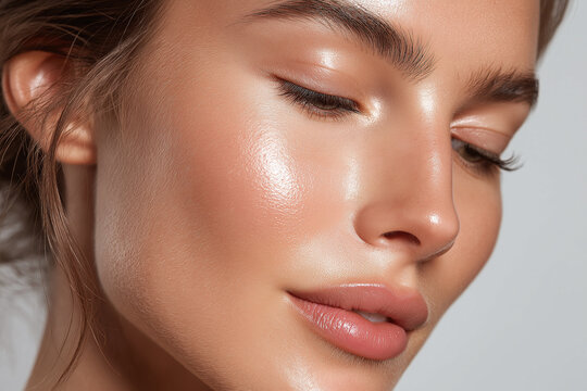 Hydrated glowing skin close up radiant dewy complexion with natural makeup and soft sunlight highlighting cheek and nose, serene beauty expression and smooth texture