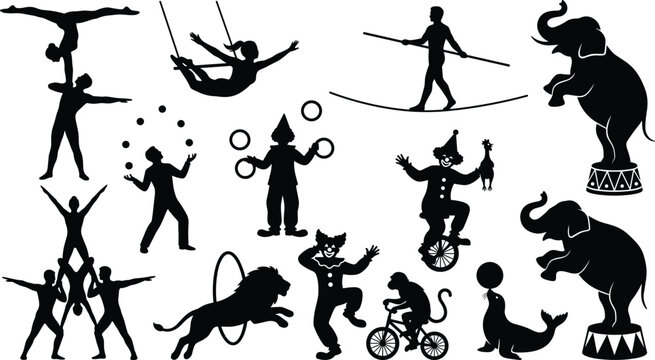 Circus performer silhouettes with acrobats, trapeze, jugglers, clowns, animals vector illustration design