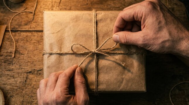 Hands tying a simple brown paper parcel with string on a wooden table, suggesting a gift or package delivery