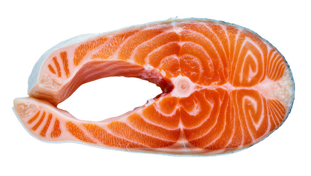 Fresh raw salmon steak with vibrant orange flesh and white fat marbling, isolated on transparent background