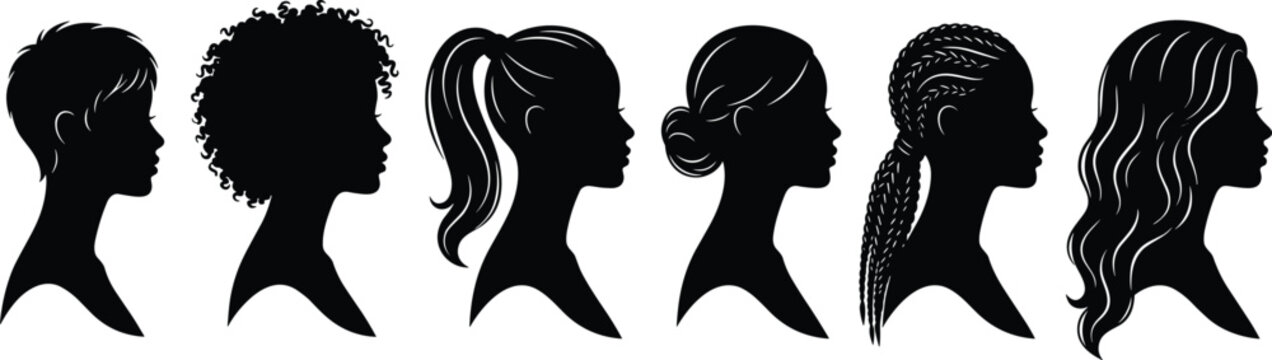 Female hairstyle silhouettes with pixie cut, afro, ponytail, bun, braids, long wavy hair vector illustration design
