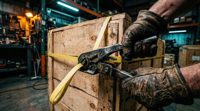 Industrial worker packaging wooden crates with straps for secure transport in a warehouse setting