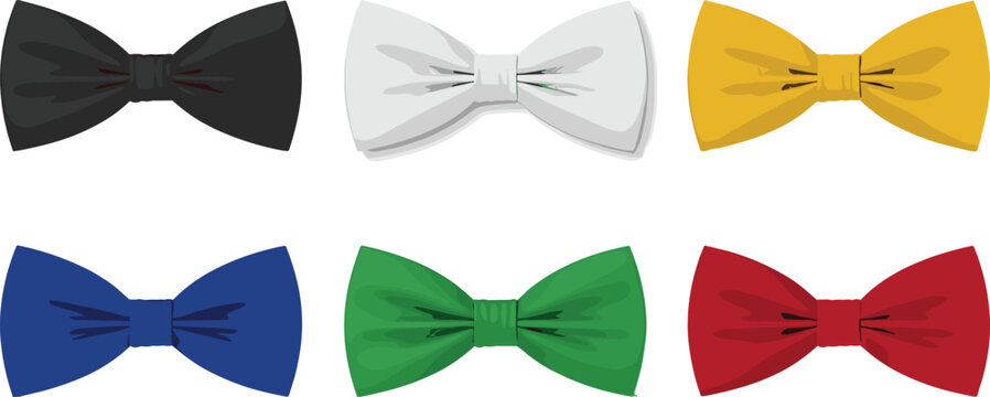 Colorful Bow Tie Vector Icon Set with Formal Fashion Neckwear in Black White Yellow Blue Green and Red for Wedding Celebrations Party Invitations and Mens Style Graphic Designs