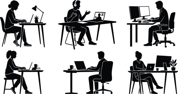 Office and remote work silhouettes with laptops, dual monitors, video calls, modern desk setups vector illustration design