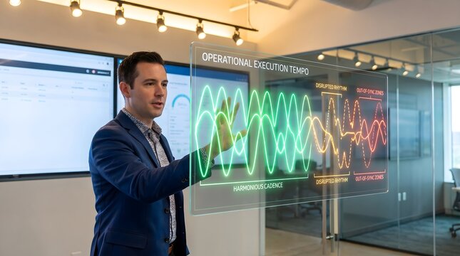 Business consultant interacting with digital visualization of organizational execution tempo and operational rhythm