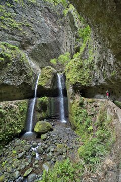 Levada Nova leading past the waterfall, Lombada da Ponta do Sol, Madeira, Portugal