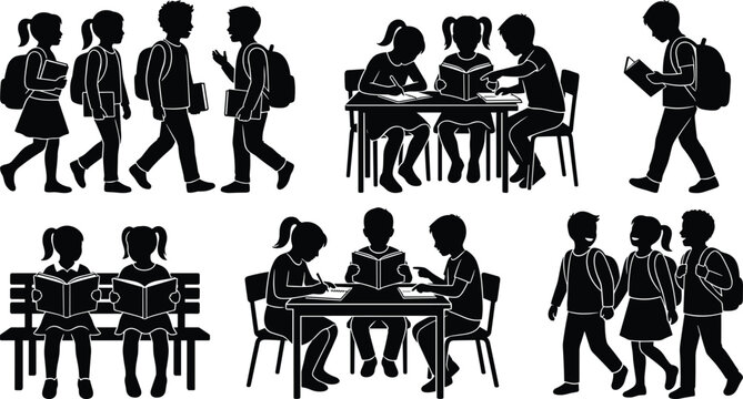 Student life silhouettes of walking with backpacks, reading, studying, group collaboration, school activities vector illustration design