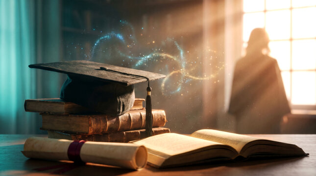 Graduation cap on a stack of old books with a diploma and open book